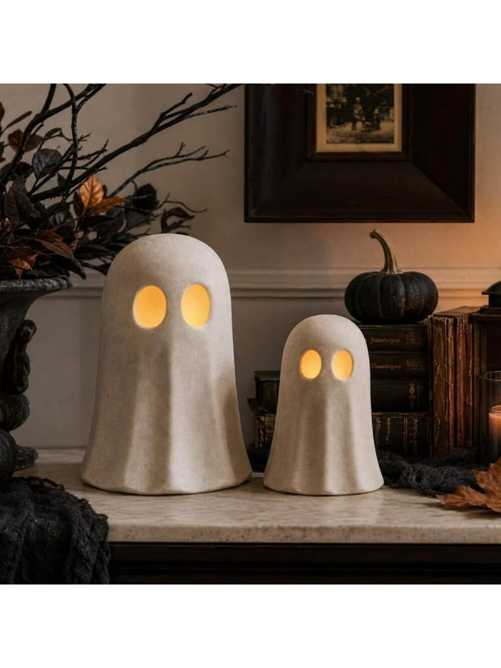 Set of 2 LED Terracotta Ghost Figurines - Vintage Halloween Decor for Home